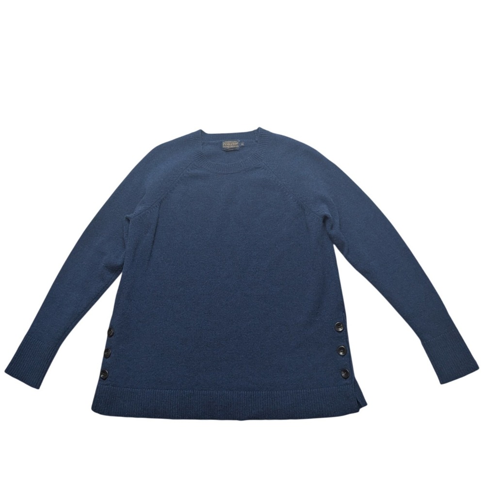 Pendleton Sweater Womens XL Blue 100% Lambswool Crewneck Raglan Side Button Vent